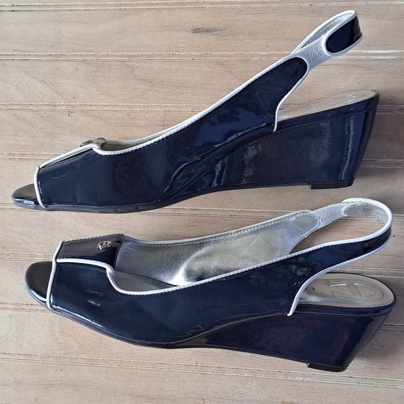 Etienne Aigner Gild Patent Leather Navy White Peep Toe Sling Back Heel Wedges - Picture 10 of 12